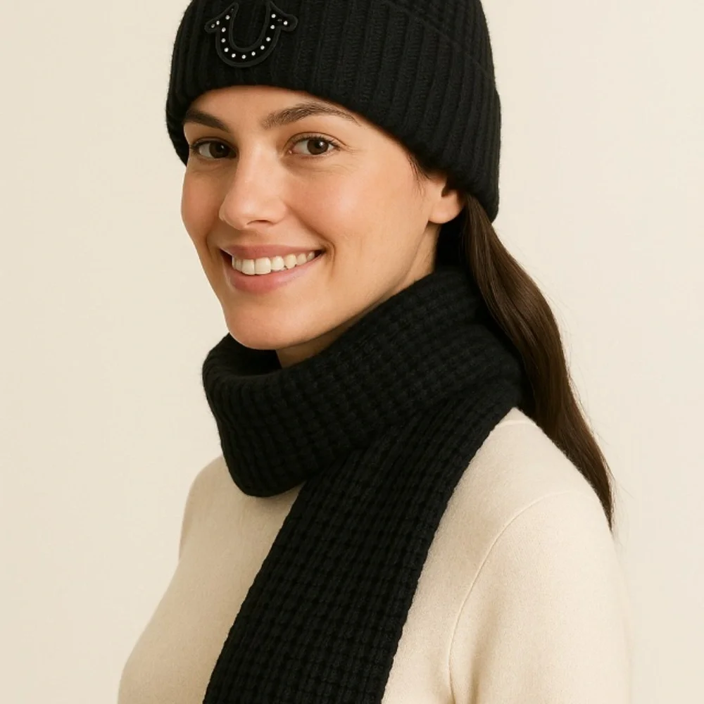 True Religion Black Knit Logo Beanie & Scarf Set One Size